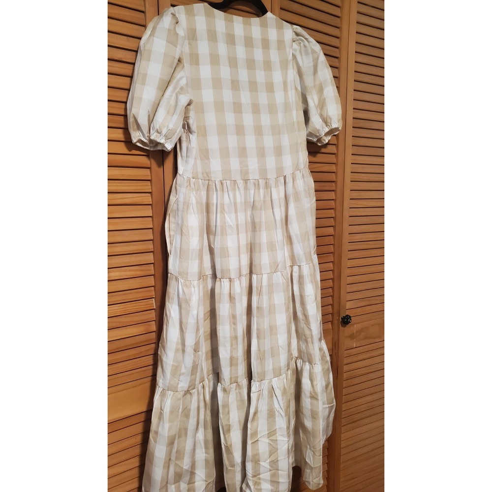 English Factory Tan And White Gingham Midi Dress Size Medium - Picture 8 of 13